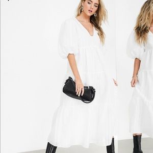 White Puff Sleeve Tiered Midi Dress